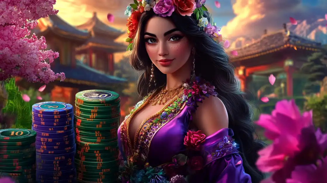 Discover Beautifully Themed Slots at 1111BET A beautiful woman adorned with flowers stands in a tranquil Japanese garden setting next to stacks of poker chips, representing the unique and beautifully themed slot games at 1111BET.