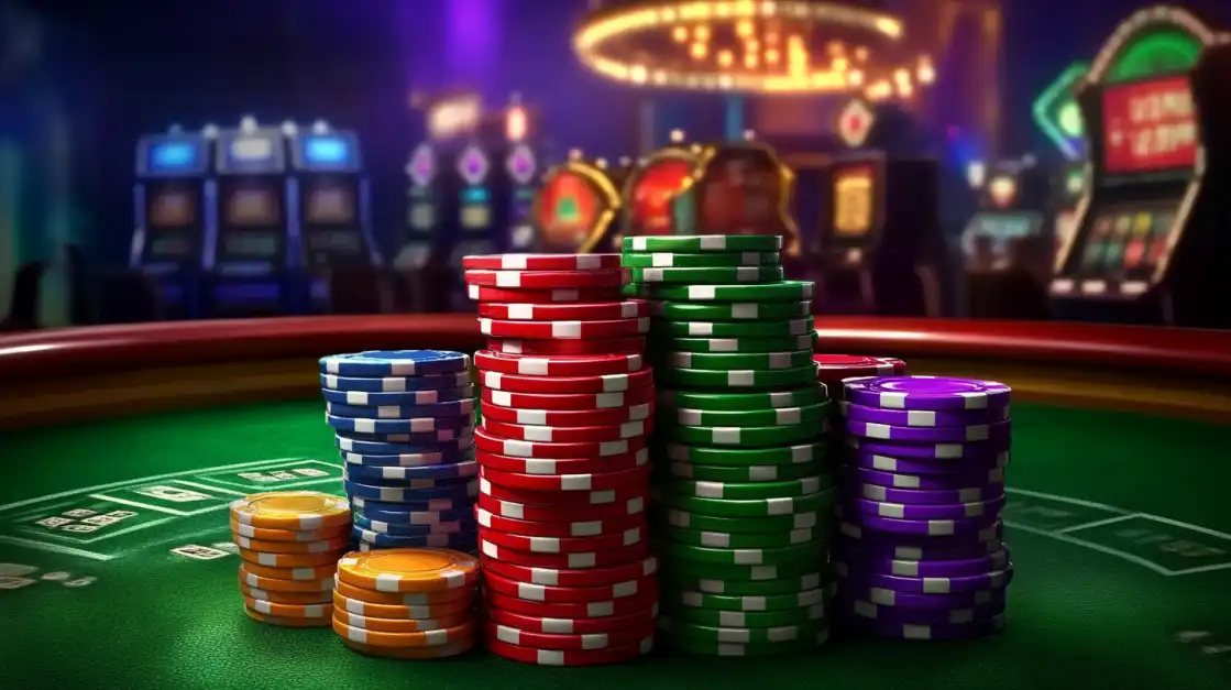Ready for High-Stakes Action? Join 1111BET! High stacks of colorful poker chips are neatly arranged on a green felt table in the exclusive 1111BET casino, setting the scene for a thrilling night of high-stakes gaming.