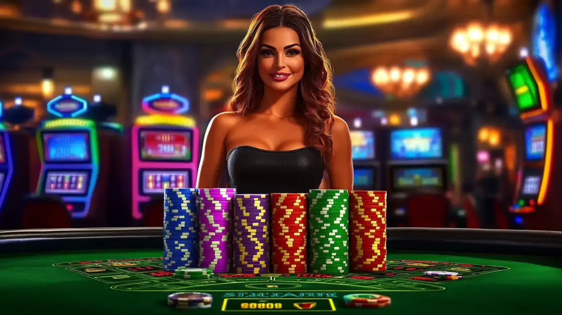 Join Our Friendly Dealers at the 1111BET Live Casino A smiling, confident woman stands behind a green poker table lined with colorful stacks of chips, ready to deal you in for a fun and exciting live casino game at 1111BET.