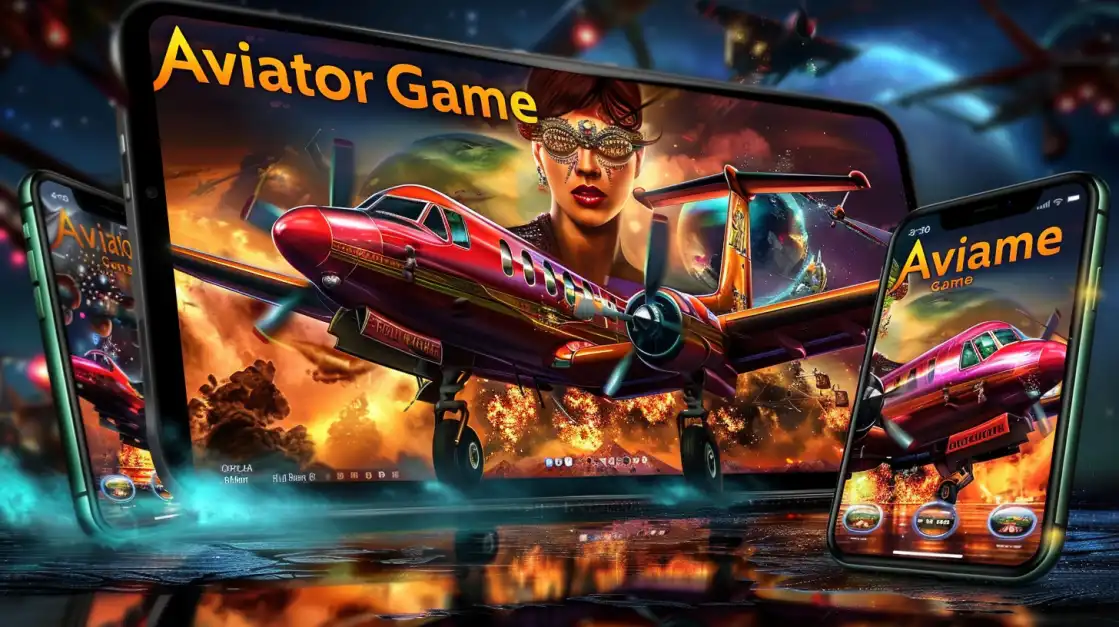 Take Flight with the Stylish Aviator Game at 1111BET Promotional art for the 'Aviator Game' at 1111BET, featuring a stylish woman and a red airplane flying out of multiple mobile screens, showcasing the game's thrilling action.