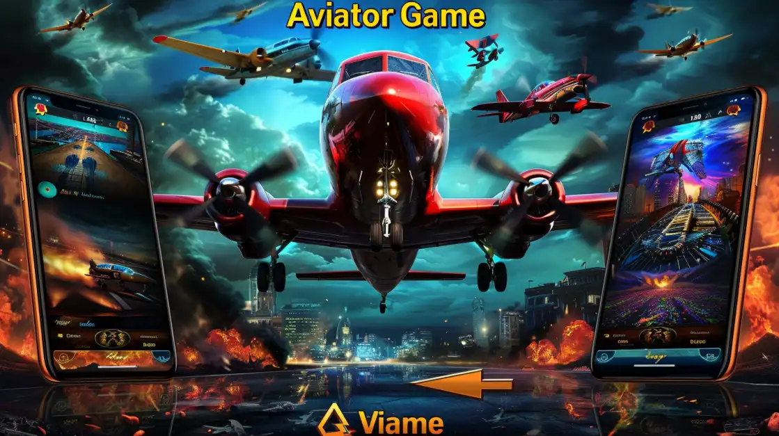 Experience the Thrill of Aviator on Mobile with 1111BET A large red propeller plane from the 'Aviator Game' is framed by two smartphones showing the game's interface, highlighting the immersive mobile crash game experience at 1111BET.