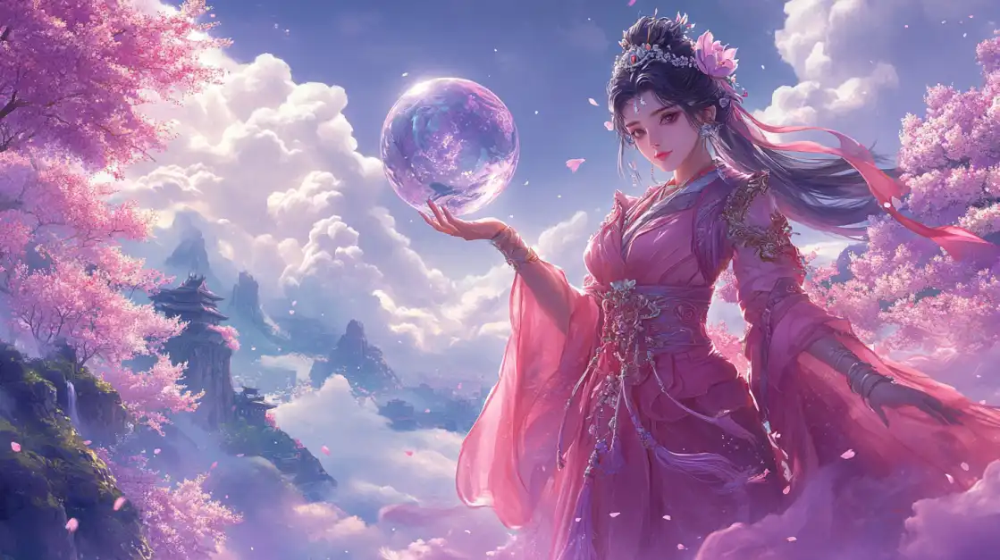 Discover an Enchanting World of Slots at 1111BET A beautiful fantasy goddess in a pink gown holds a crystal ball in a magical landscape of cherry blossoms and pagodas, representing the enchanting Asian-themed slots at 1111BET.