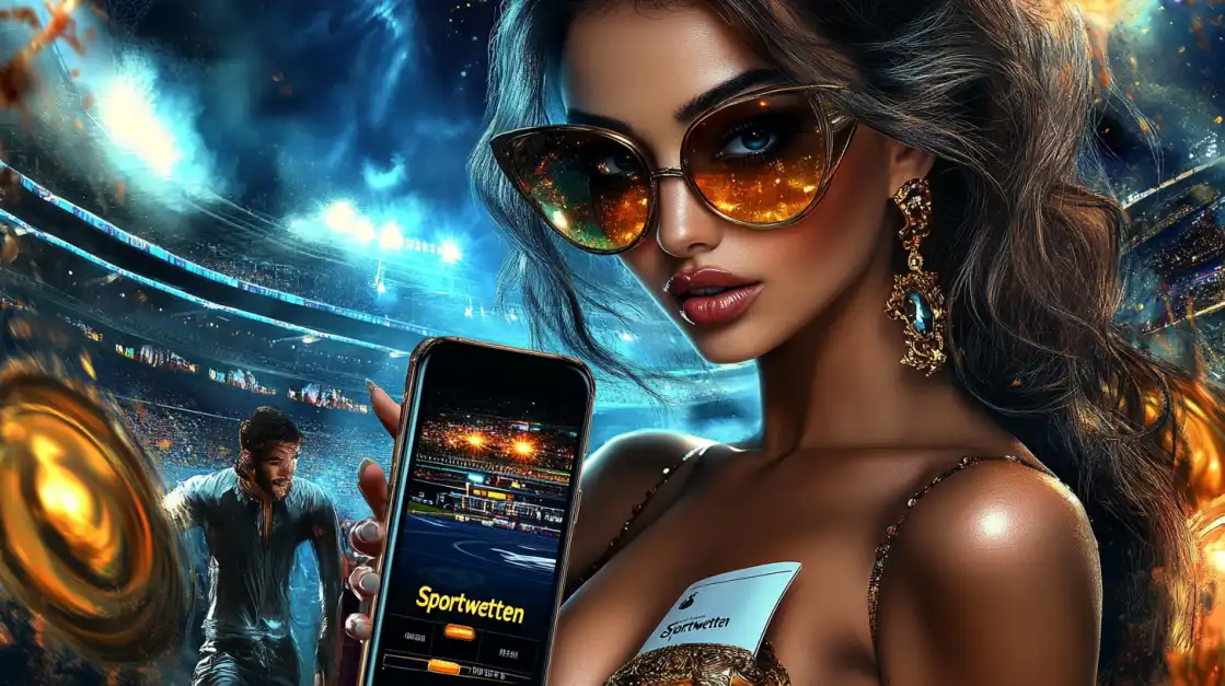 Place Your Bets in Style with 1111BET Sports A glamorous woman in oversized sunglasses holds a phone with the 1111BET sports betting app, ready to place a winning bet in a brightly lit stadium.