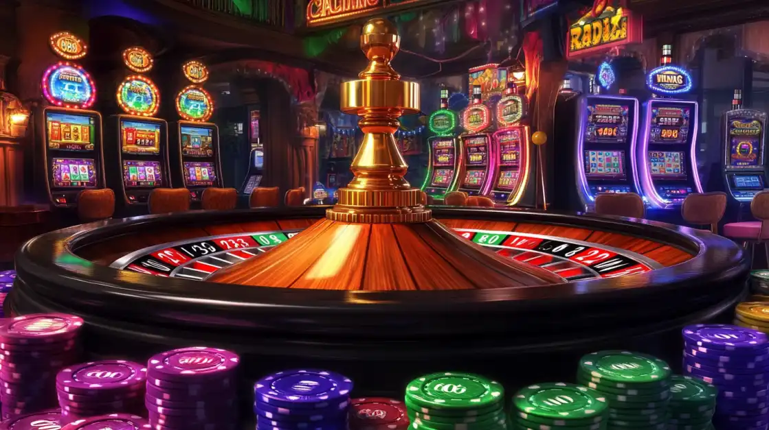 Experience Classic Luxury with Roulette at 1111BET A classic wooden roulette wheel with a golden centerpiece is surrounded by stacks of colorful poker chips in a luxurious 1111BET casino, with rows of glowing slot machines in the background.