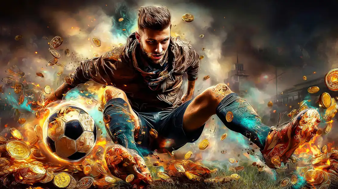 Score a Golden Win with Soccer Betting at 1111BET A soccer player makes a powerful kick on a field covered in gold coins, capturing the golden opportunities and explosive excitement of sports betting at 1111BET.