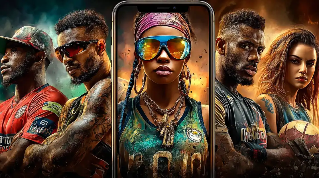 1111BET: Your All-Star Team for Sports Betting A stylish group of diverse athletes are shown with the central figure framed by a smartphone, promoting the inclusive and exciting world of sports betting on the 1111BET app.