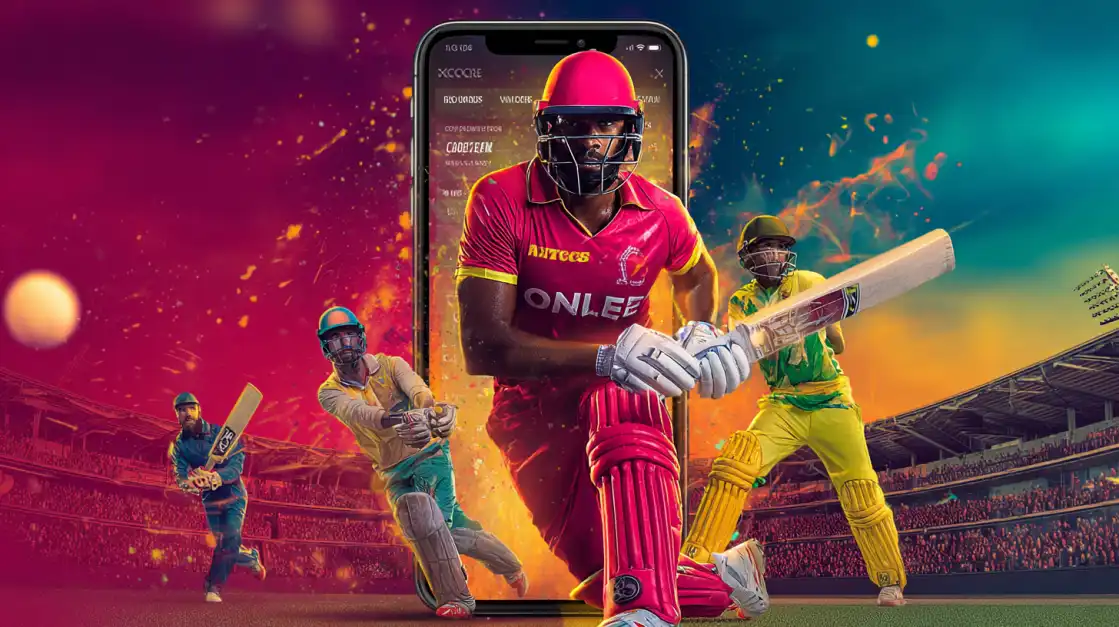 The Ultimate Cricket Betting Experience on the 1111BET App A collage of cricket players in action is framed by a smartphone, showcasing the dynamic and comprehensive mobile betting experience for cricket fans on the 1111BET platform.