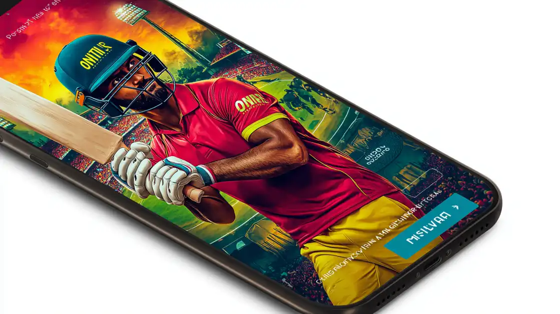 Fast, Clear, and Easy Cricket Betting with 1111BET A close-up of a smartphone screen showing a cricket batsman ready to strike, highlighting the crisp, clear graphics and user-friendly interface of the 1111BET sports app.