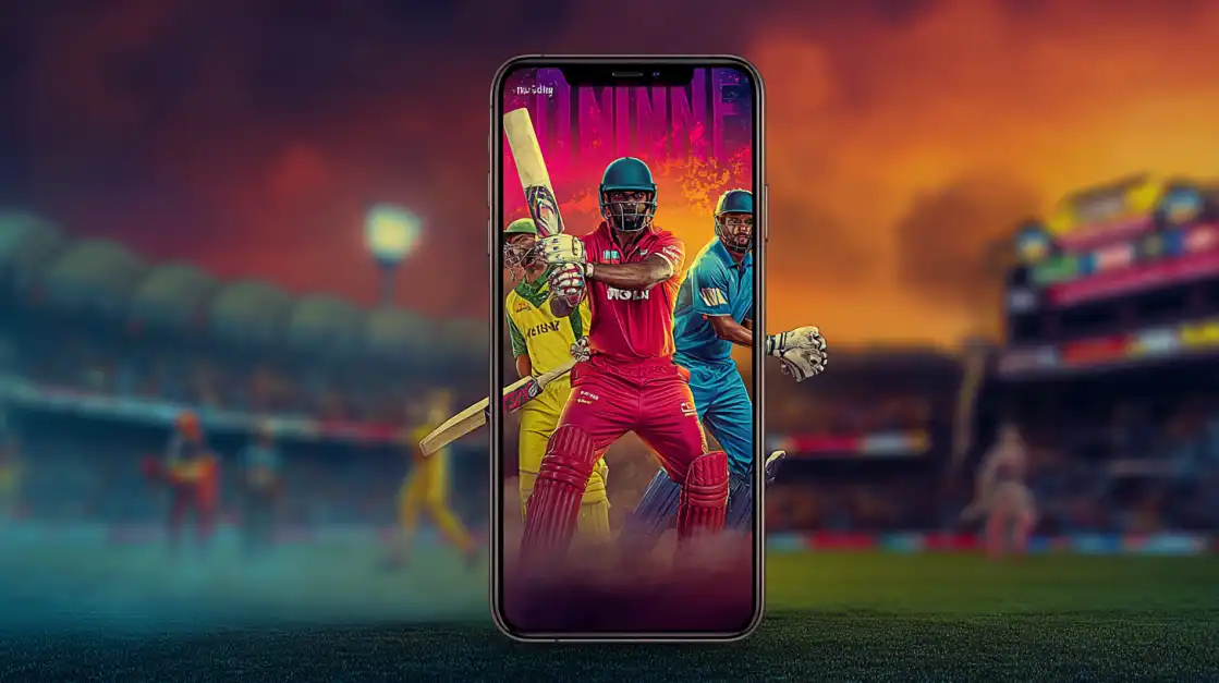 Bet on Live Cricket Anytime, Anywhere with 1111BET A smartphone is held up in a stadium, its screen displaying a live cricket match, perfectly illustrating the seamless integration of live action and mobile betting with 1111BET.