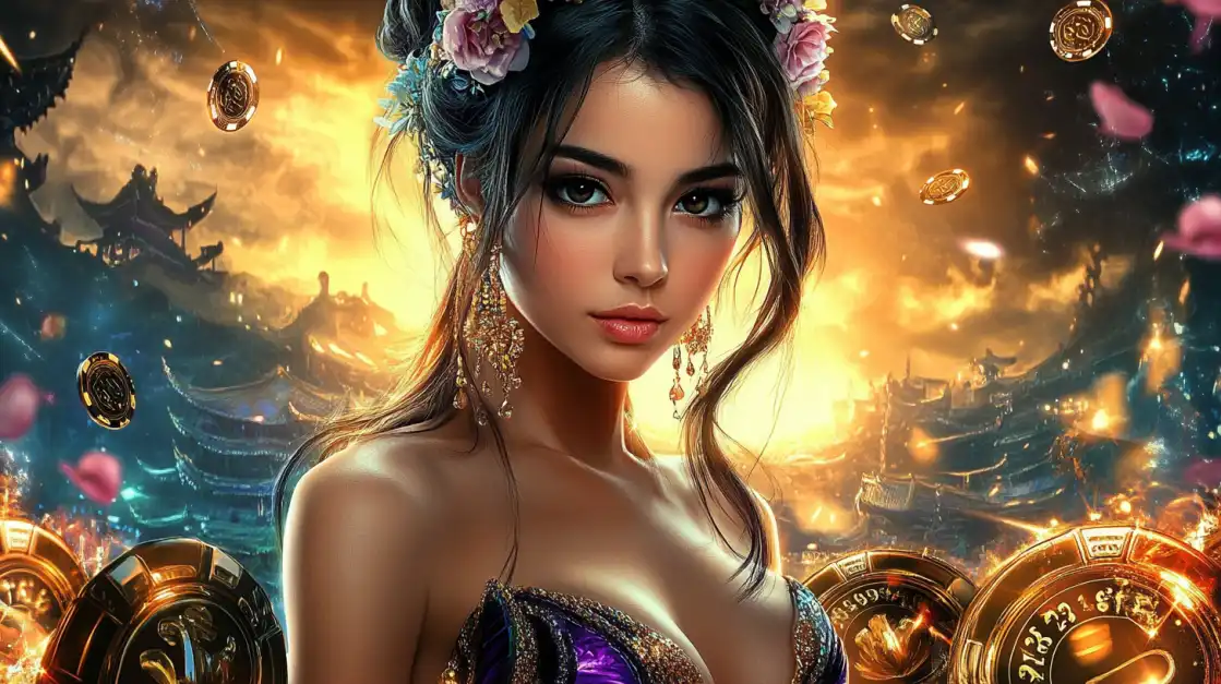 A beautiful woman with flowers in her hair is surrounded by golden coins and falling petals in a magical ancient city, representing the stunning Asian-themed slot games at 1111BET.