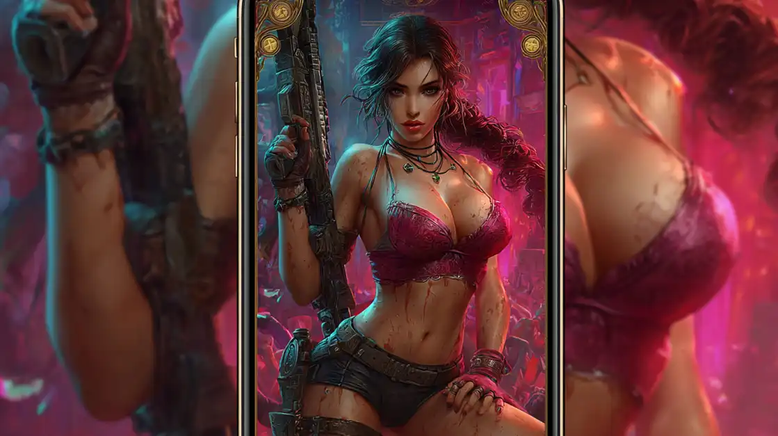A triptych showing a powerful female warrior with a rifle, as seen on the 1111BET app, ready for combat. Dive into the world of thrilling action and adventure slots.