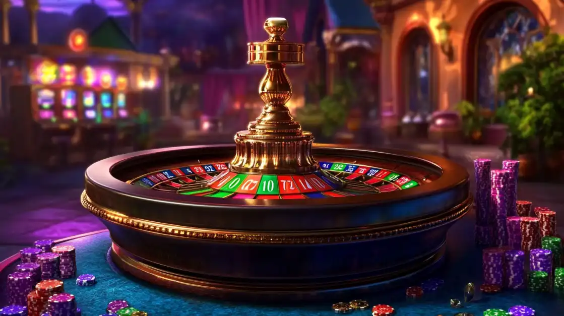 An ornate golden and wooden roulette wheel sits on a blue felt table in a luxurious, warmly lit casino, inviting you to place your bets and experience a classic game at 1111BET.