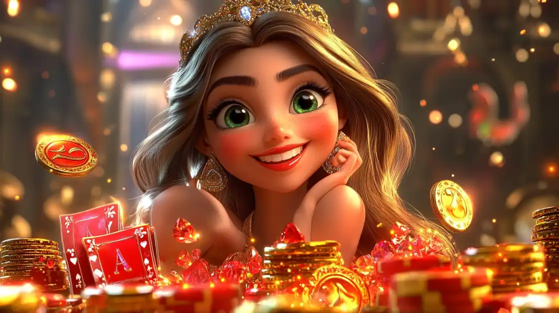 Find Your Fairytale Win at 1111BET Casino! A smiling cartoon princess with a tiara is surrounded by a sea of red gems, golden coins, and playing cards, enjoying the magical and enchanting slot games available at 1111BET.