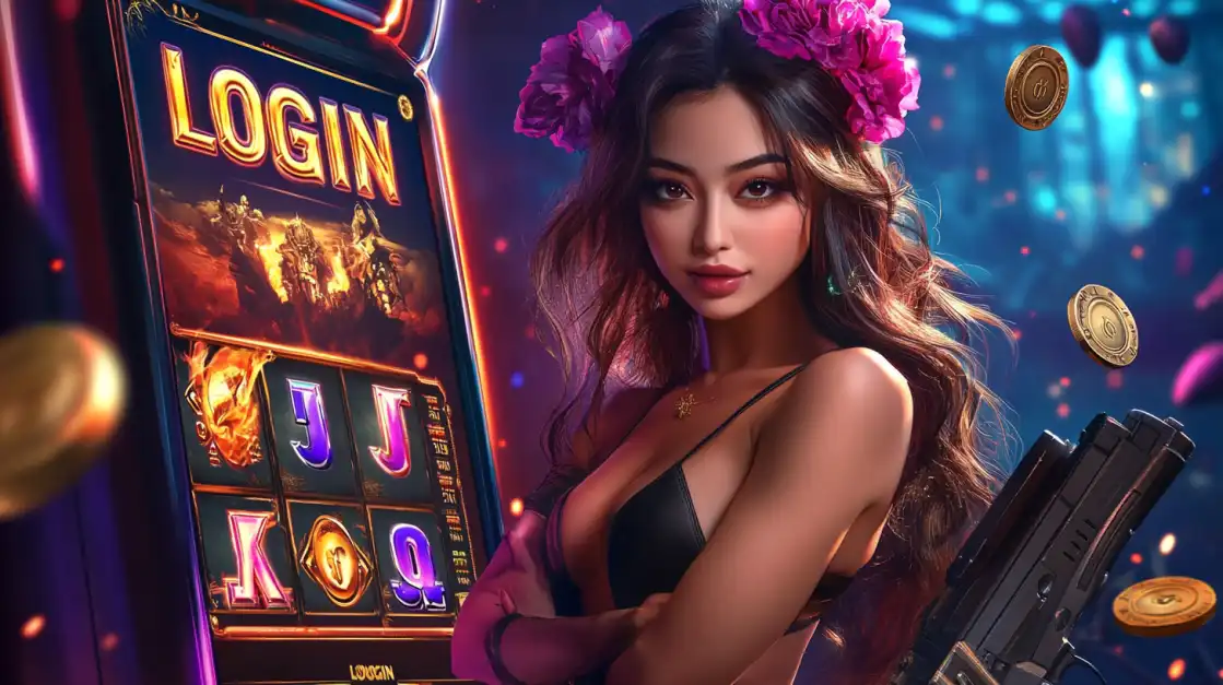 A beautiful woman with purple flowers in her hair stands confidently next to a large slot machine displaying the 'LOGIN' screen, ready for an action-packed gaming session at 1111BET.