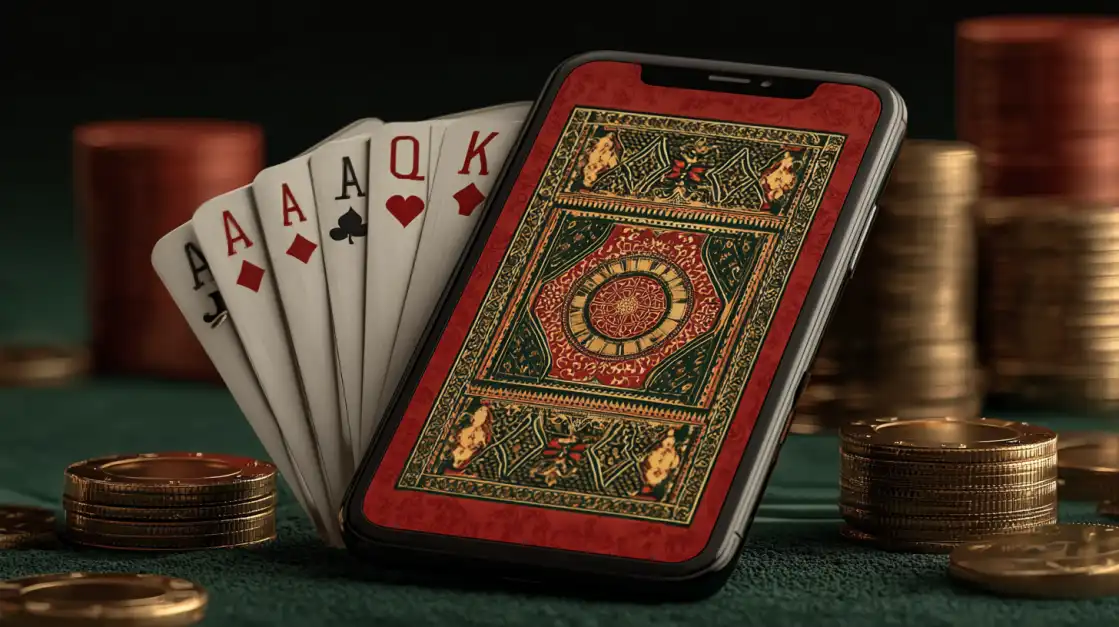 A smartphone with an ornate red and gold card back design is propped against a winning royal flush hand, showcasing the premium mobile poker and card game experience on the 1111BET app.