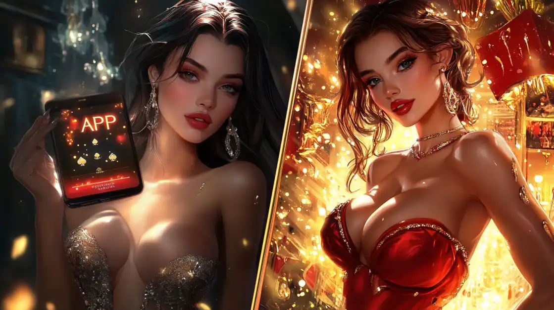 Download the 1111BET App and Join the Glamour A split-screen image of two gorgeous women in glamorous dresses, one holding a phone with the exclusive 1111BET app, inviting you to download and join the party.
